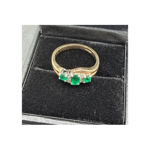 65 - Jewellery 9ct GOLD ring size L with 6 small diamonds and 3 emeralds (reddish fluoresce), 2.8g (Payme... 