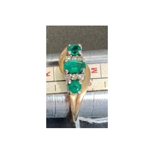 65 - Jewellery 9ct GOLD ring size L with 6 small diamonds and 3 emeralds (reddish fluoresce), 2.8g (Payme... 