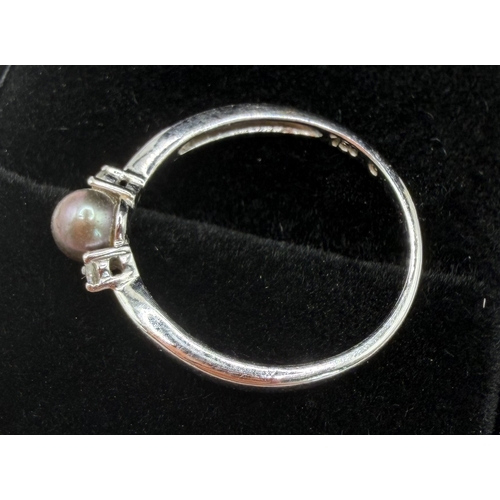 26 - JEWELLERY : 18ct White GOLD diamond and pearl ring size M-L  1.5g          PLEASE MAKE SURE YOU READ... 