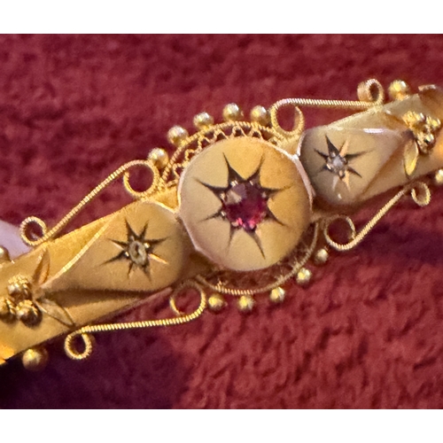 28 - JEWELLERY : Fantastic 9ct GOLD bracelet/bangle with inset diamonds and ruby 9.5g       PLEASE MAKE S... 