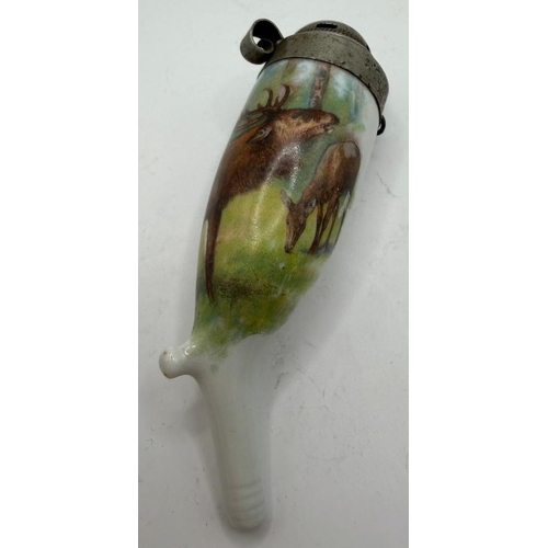 55 - China hunting horn shape container with stag and doe with metal hinged lid 10cm tall