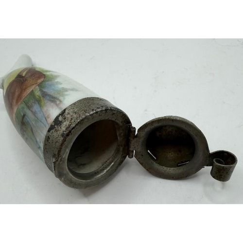 55 - China hunting horn shape container with stag and doe with metal hinged lid 10cm tall