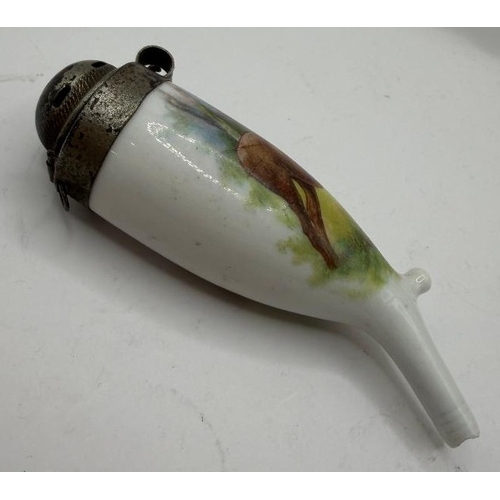 55 - China hunting horn shape container with stag and doe with metal hinged lid 10cm tall