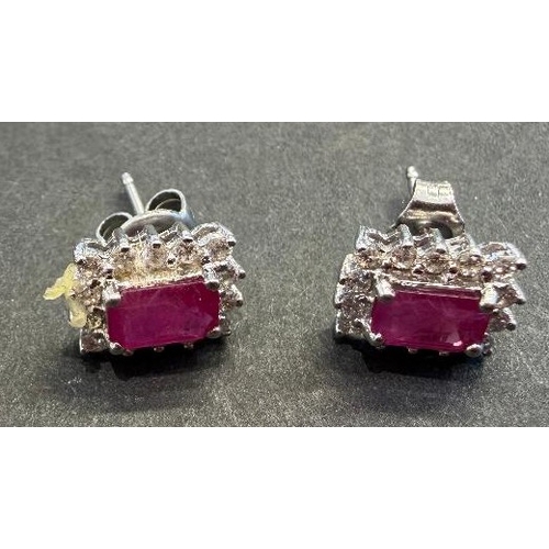 3 - Jewellery : Pair of earrings with central rectangular stones, appear to be rubies, marked 18ct White... 