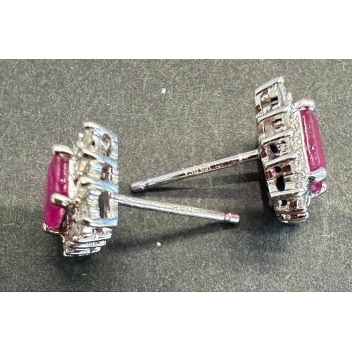 3 - Jewellery : Pair of earrings with central rectangular stones, appear to be rubies, marked 18ct White... 