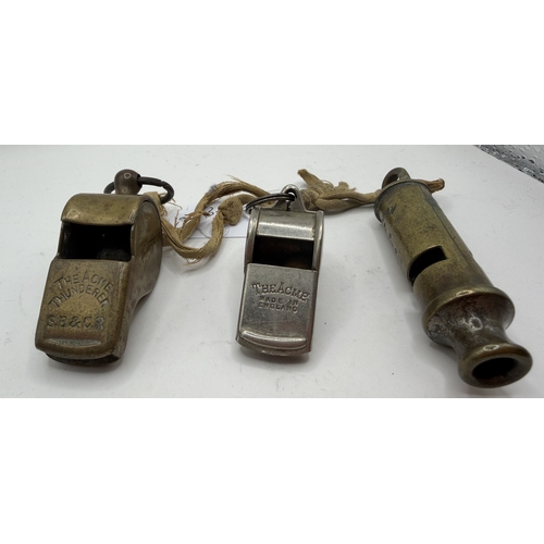 54 - Whistles: Three vintage whistles two made by ACME Railway style plus Metropolitan Police style