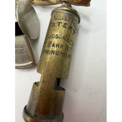 54 - Whistles: Three vintage whistles two made by ACME Railway style plus Metropolitan Police style