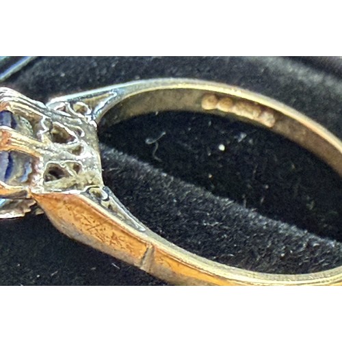 4 - Vintage 9ct gold (tested) no hall mark. with large central sapphire, Size O, comes with new ring box