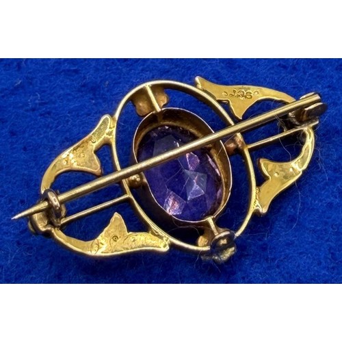 6 - Vintage 9ct Gold amethyst and pearl broach, marked 9ct, possible continental, total weight 3.6g