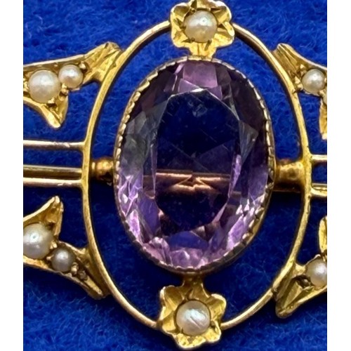 6 - Vintage 9ct Gold amethyst and pearl broach, marked 9ct, possible continental, total weight 3.6g