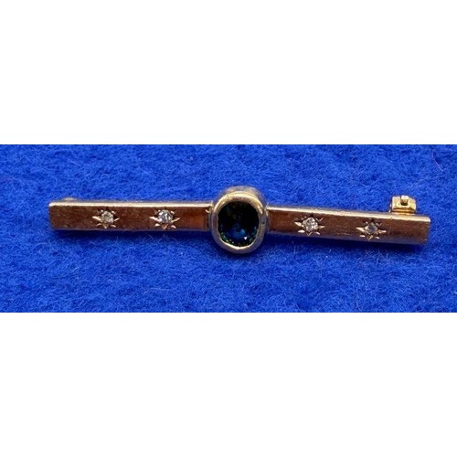 7 - Vintage gold, diamond and green sapphire bar broach, not hallmarked but tests as 9ct