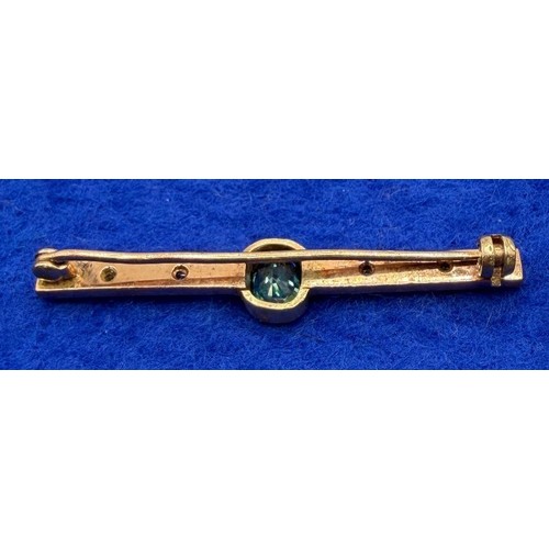 7 - Vintage gold, diamond and green sapphire bar broach, not hallmarked but tests as 9ct