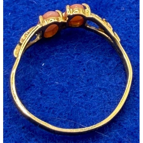 17 - Small yellow metal ring with pink stones, not hallmarked but tests as 9ct Gold, size K-L