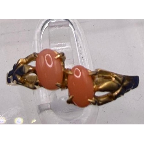 17 - Small yellow metal ring with pink stones, not hallmarked but tests as 9ct Gold, size K-L