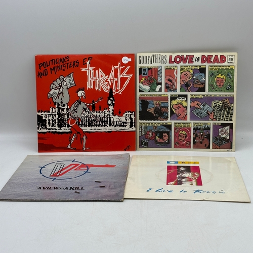 230 - 4x 7 inch single records - Threats - Politicians & Ministers EP, Godfathers - Love is Dead, T-Rex - ... 