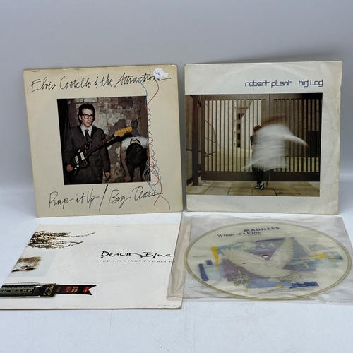 236 - 4x 7 inch single records - Elvis Costello & The Attractions - Pump It UP, Robert Plant - Big Log, De... 