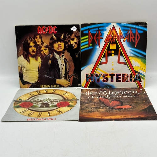 239 - 4x 7 inch single records - ACDC - Highway to Hell, Def Leopard - Hysteria, The Mission - Butterfly o... 