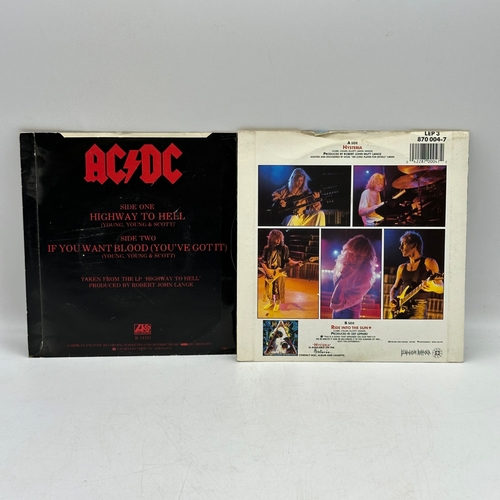 239 - 4x 7 inch single records - ACDC - Highway to Hell, Def Leopard - Hysteria, The Mission - Butterfly o... 