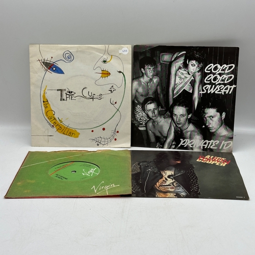 235 - 4x 7 inch single records - The Cure - The Caterpillar, Private ID - Cold Cold Sweat, Public Image - ... 