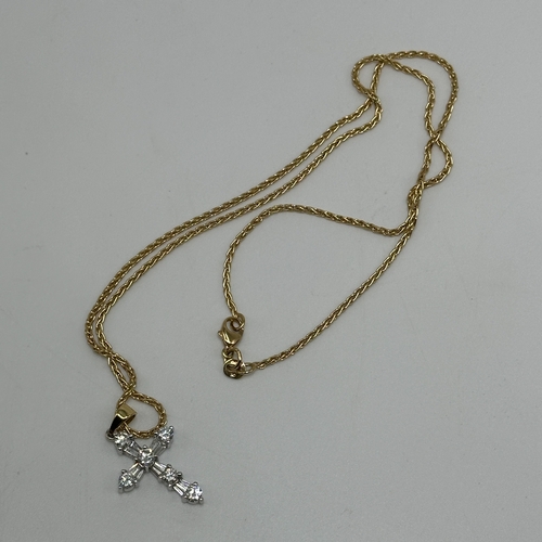 1 - An 18ct yellow gold cross pendant & chain, chain is in mint condition, cross is white gold with diam... 