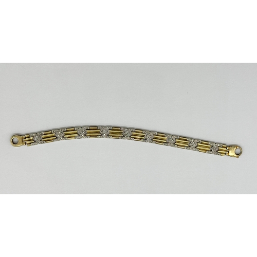 3 - A 9ct yellow gold diamond set bracelet with white gold links, 7 1/2 inches long and 8mm wide, weight... 