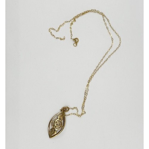 9 - A 9ct yellow gold pendant & chain, Rennie McKintosh design pendant, chain is 16 inches long and need... 