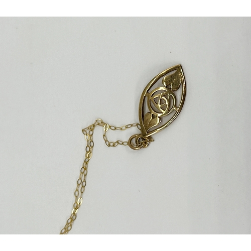 9 - A 9ct yellow gold pendant & chain, Rennie McKintosh design pendant, chain is 16 inches long and need... 