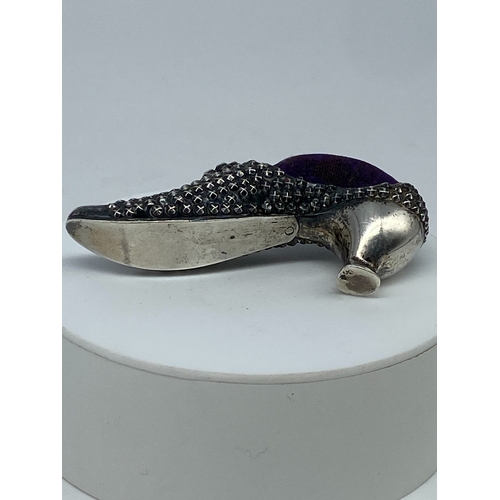 106 - A silver High heel pin cushion, Birmingham 1906 Adie & Lovekin ltd, original fabric in excellent con... 