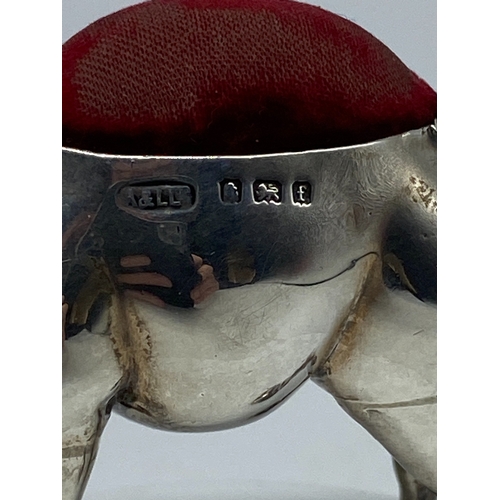 108 - A large silver elephant pin cushion, Birmingham 1906 Sydney & Co. in fair condition, has a few dents... 