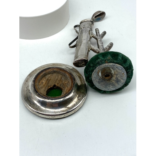 113 - An unusual silver golf bag hat pin holder, ring holds & pin cushion set, Birmingham 1911 by Sydney &... 