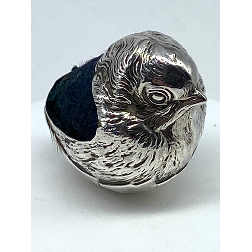 122 - A silver chick pin cushion, Chester 1905 Sampson Mordan & co ltd, reg no 475678, excellent condition... 