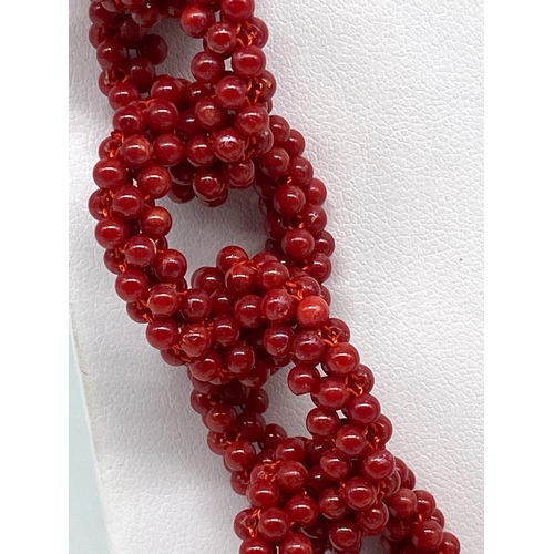 146 - A silver gold plated red coral necklace & earrings set, 21 inches long necklace x 25 mm wide,