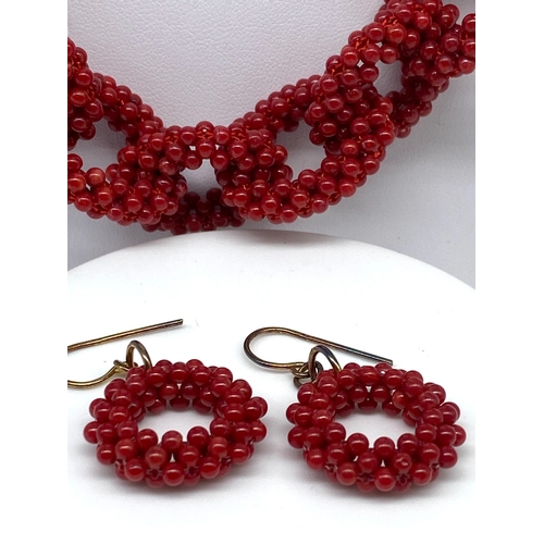 146 - A silver gold plated red coral necklace & earrings set, 21 inches long necklace x 25 mm wide,