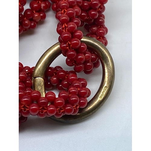 146 - A silver gold plated red coral necklace & earrings set, 21 inches long necklace x 25 mm wide,