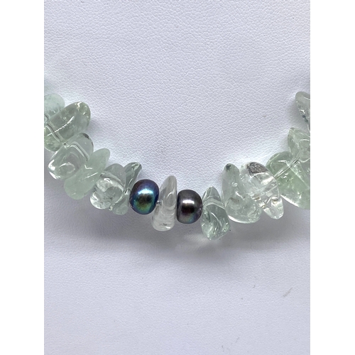 156 - A silver green amethyst & pearl necklace, 16 inches long,