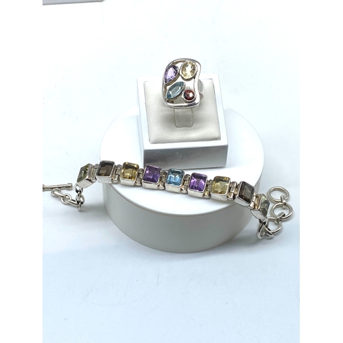 165 - A silver bracelet & ring semi precious stone set, 7 1/2 inches long, ring size I, 34 grams approx we... 