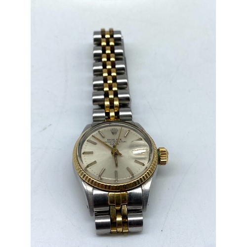 175 - A ladies Oyster Perpetual Rolex watch, stainless steel & gold, working order, no box or papers, stra... 