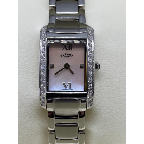 179 - A ladies Rotary watch, in original box, diamond bezel & mother of pearl face, original guarantee, fu... 