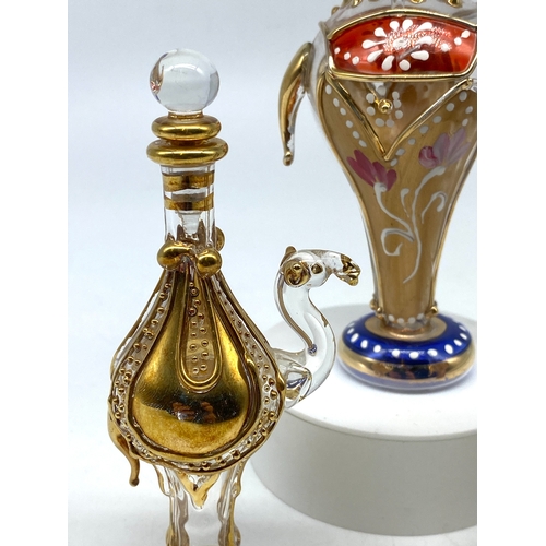 220 - 3x oriental glass scent bottles, 2x camels & an elephant, 6 inches high x 3 1/2 inches high is the l... 