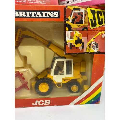 323 - 3x Britains farm machinery toy items, Massey Ferguson seed drill, trailer, a JCB tractor, never out ... 