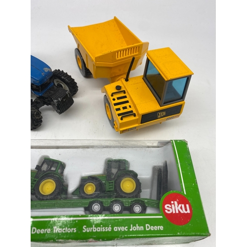 338 - A mixed box of model toys, a Siku John Deer tractors, Jcb & a tractor