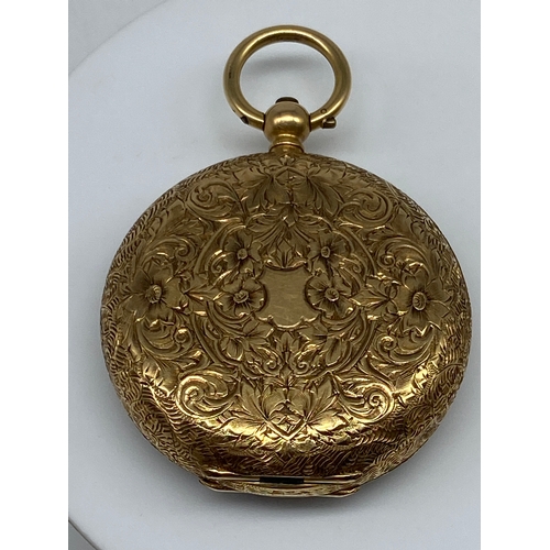 182 - A ladies 18ct yellow gold pocket watch, comes with key not gold, 35mm dial, 37 grmas in weight inclu... 