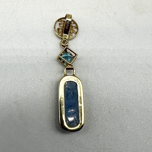 88 - A 14ct yellow gold aquamarine, diamond & blue agate pendant, 32mm long, 1.5 grams in weight approx