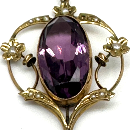 93 - A 9ct yellow gold Victorian seed pearl & amethyst pendant, 66mm x 28mm, 5.4 grams in weight approx