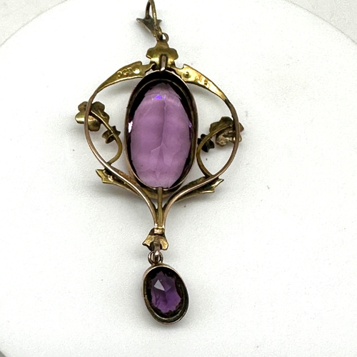 93 - A 9ct yellow gold Victorian seed pearl & amethyst pendant, 66mm x 28mm, 5.4 grams in weight approx