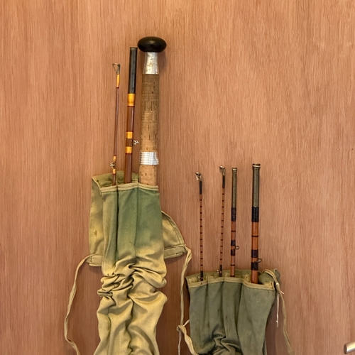 390 - 2x fishing rods & a brass reel, A J J S Walker Bampton & co Alnwick 12ft 3 piece fly rod, with spare... 