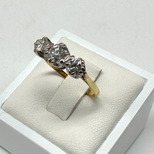 90 - An 18ct yellow gold 3 stone diamond Trilogy ring, approx 1.10ct diamonds, size R, very nice beautifu... 