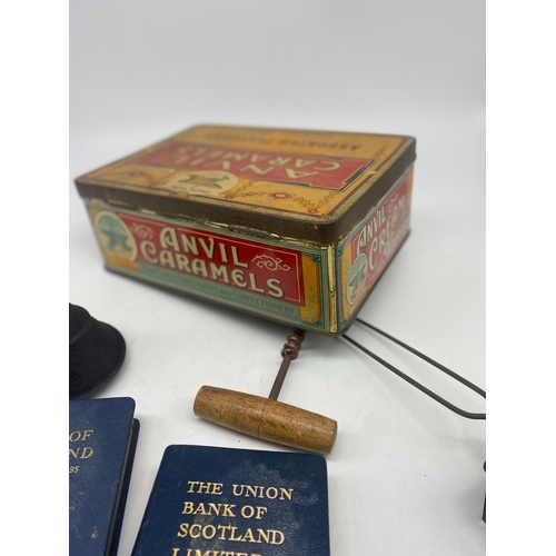 396 - A vintage Anvel caramel tin & other items