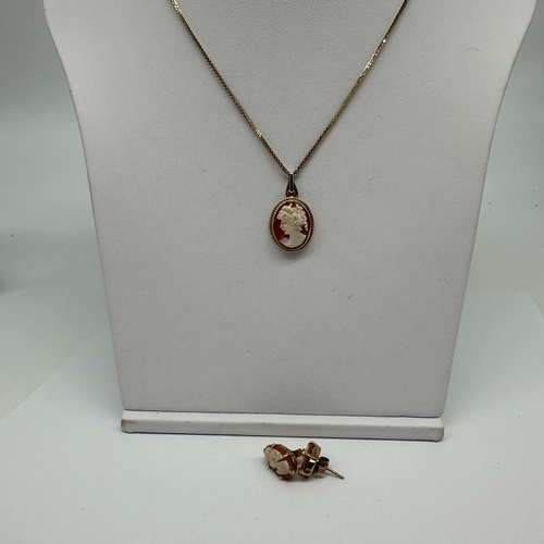 499 - A 9ct yellow gold cameo pendant and earring set, chain is 16 inches long, 5.5grams approx weight