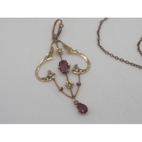 500 - A Victorian Amethyst/Peridot + Seed Pearl Necklace, 50mm x 26mm, Chain is rolled gold, chain weight ... 